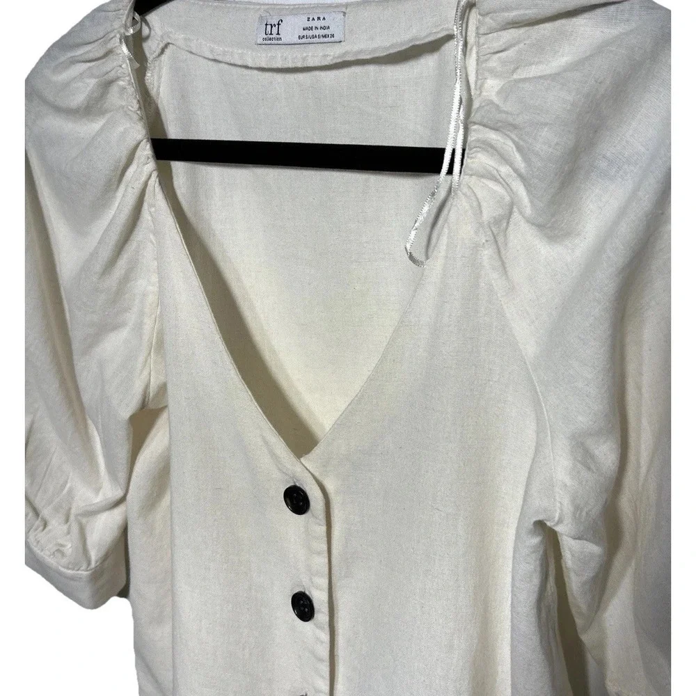 TRF Zara Blouse Ivory Cotton Linen Blend Puff Sleeve‎ Women's Size Small